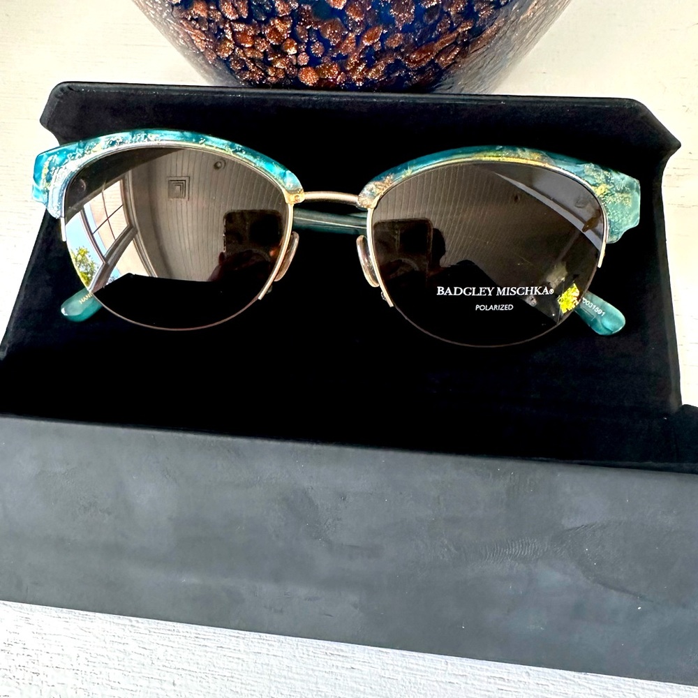 Badgley Mischka Aqua Metallic Benedetta Polarized Sunglasses New with Case